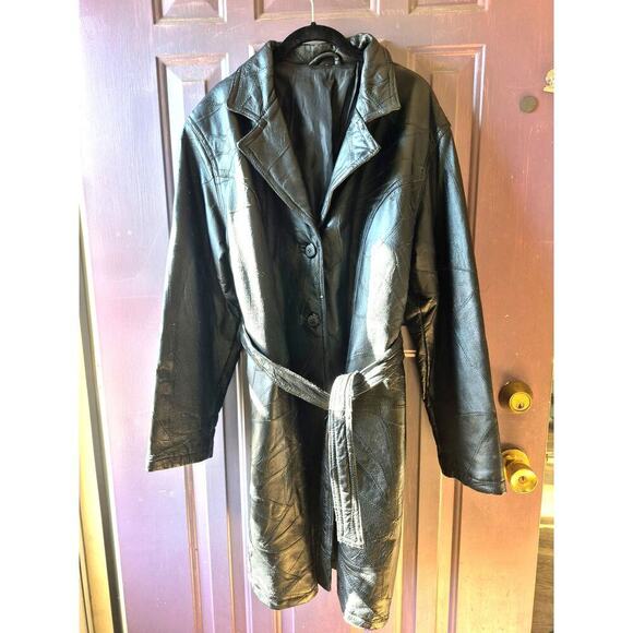 Vintage patch work 1980s black‎ leather trench coat womens size large with belt - Picture 1 of 6